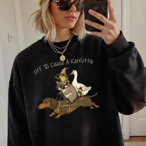Off To Cause A Kerfuffle Sweatshirt Funny Animal Stack Graphic Crewneck Quirky Dachshund Raccoon Pullover Gift