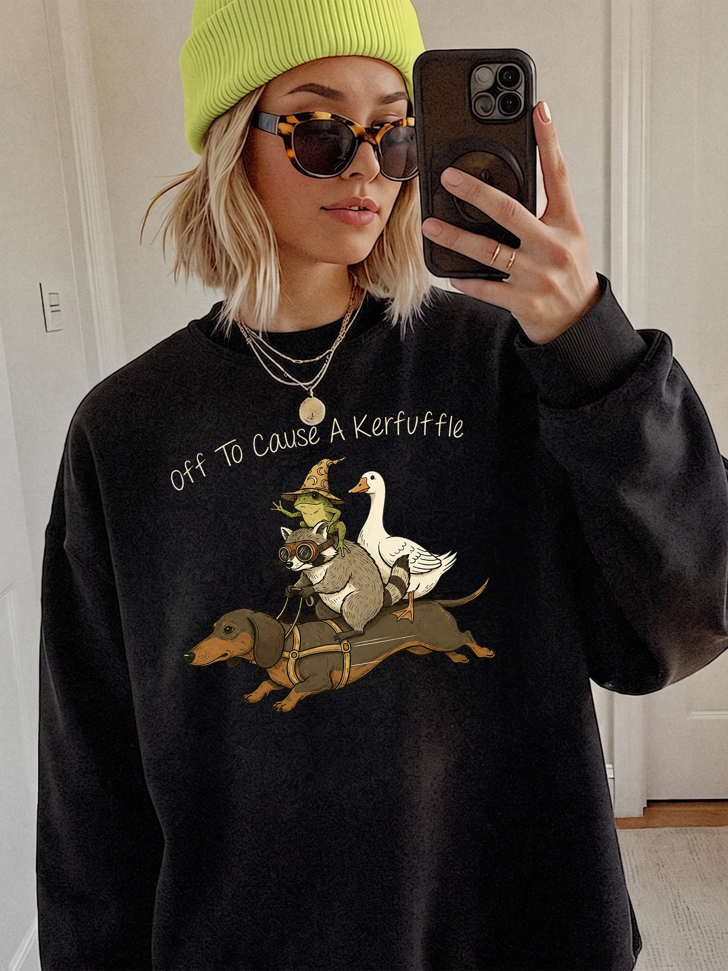 Off To Cause A Kerfuffle Sweatshirt Funny Animal Stack Graphic Crewneck Quirky Dachshund Raccoon Pullover Gift