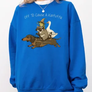 Off To Cause A Kerfuffle Sweatshirt Funny Animal Stack Graphic Crewneck Quirky Dachshund Raccoon Pullover Gift