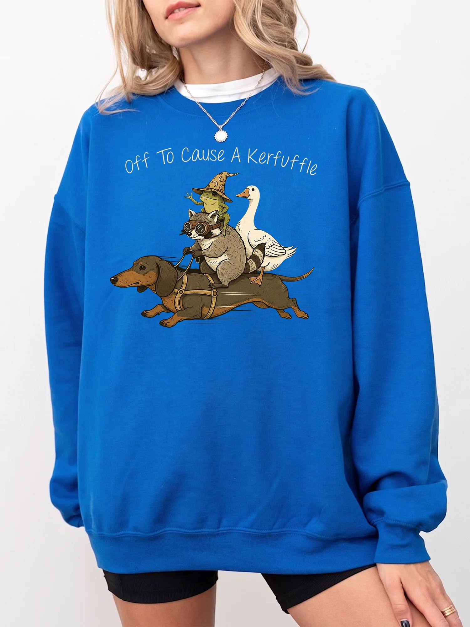 Off To Cause A Kerfuffle Sweatshirt Funny Animal Stack Graphic Crewneck Quirky Dachshund Raccoon Pullover Gift