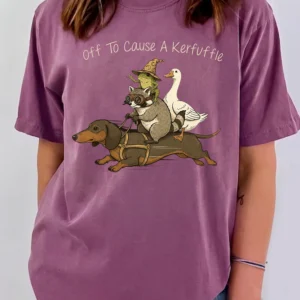 Off To Cause A Kerfuffle Sweatshirt Funny Animal Stack Graphic Crewneck Quirky Dachshund Raccoon Pullover Gift