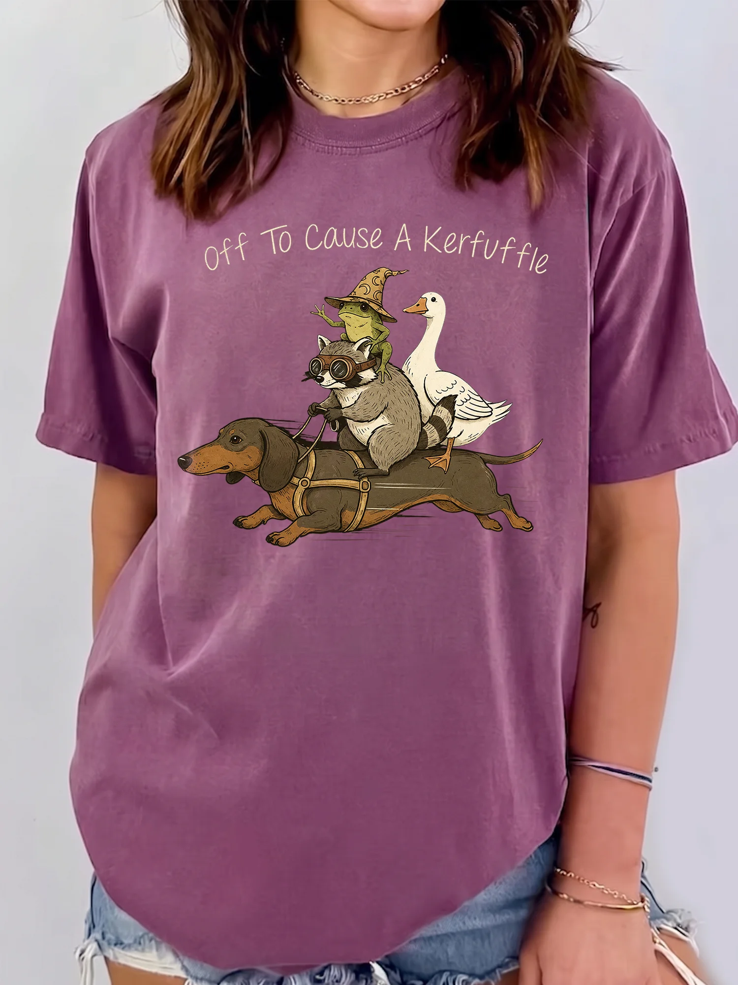Off To Cause A Kerfuffle Sweatshirt Funny Animal Stack Graphic Crewneck Quirky Dachshund Raccoon Pullover Gift