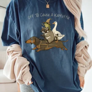 Off To Cause A Kerfuffle Sweatshirt Funny Animal Stack Graphic Crewneck Quirky Dachshund Raccoon Pullover Gift