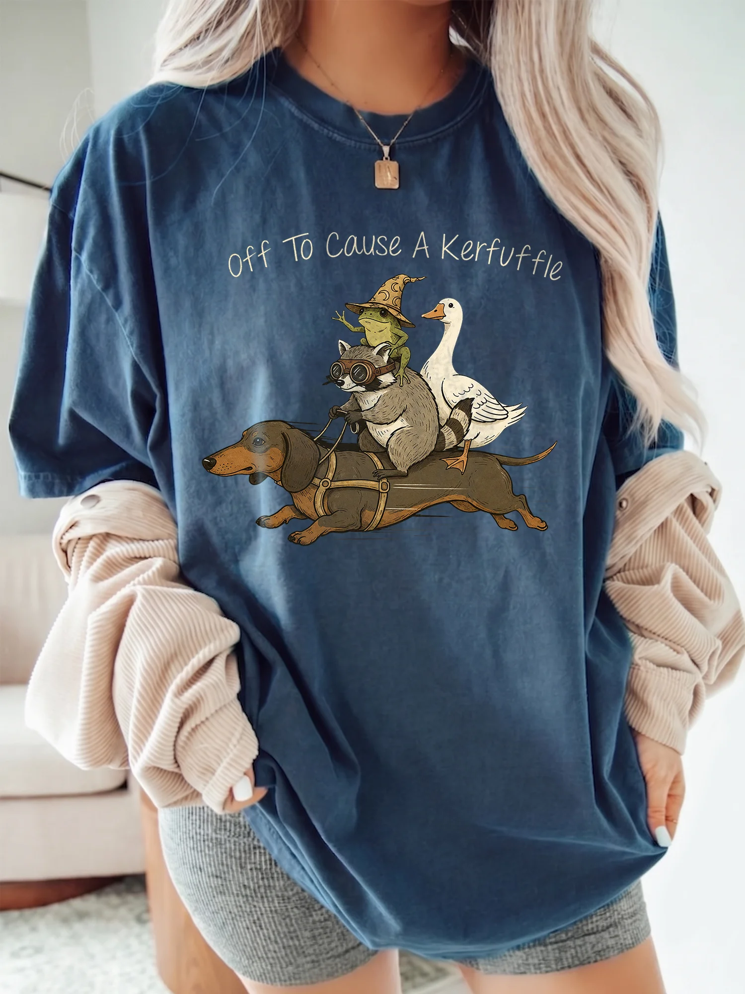 Off To Cause A Kerfuffle Sweatshirt Funny Animal Stack Graphic Crewneck Quirky Dachshund Raccoon Pullover Gift
