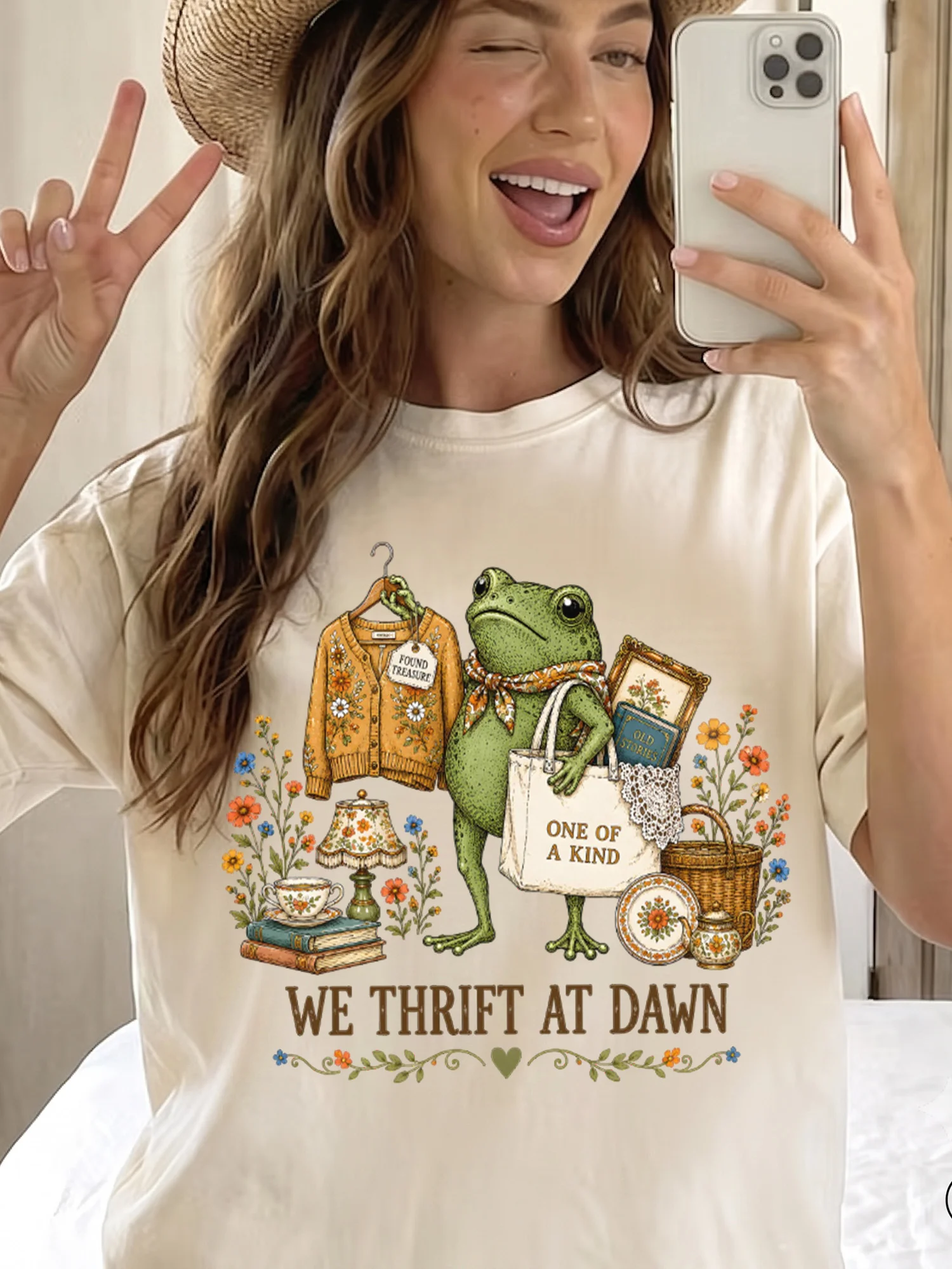 We Thrift At Dawn Graphic Tee Vintage Thriftcore Frog Shirt Found Treasure Aesthetic T-Shirt