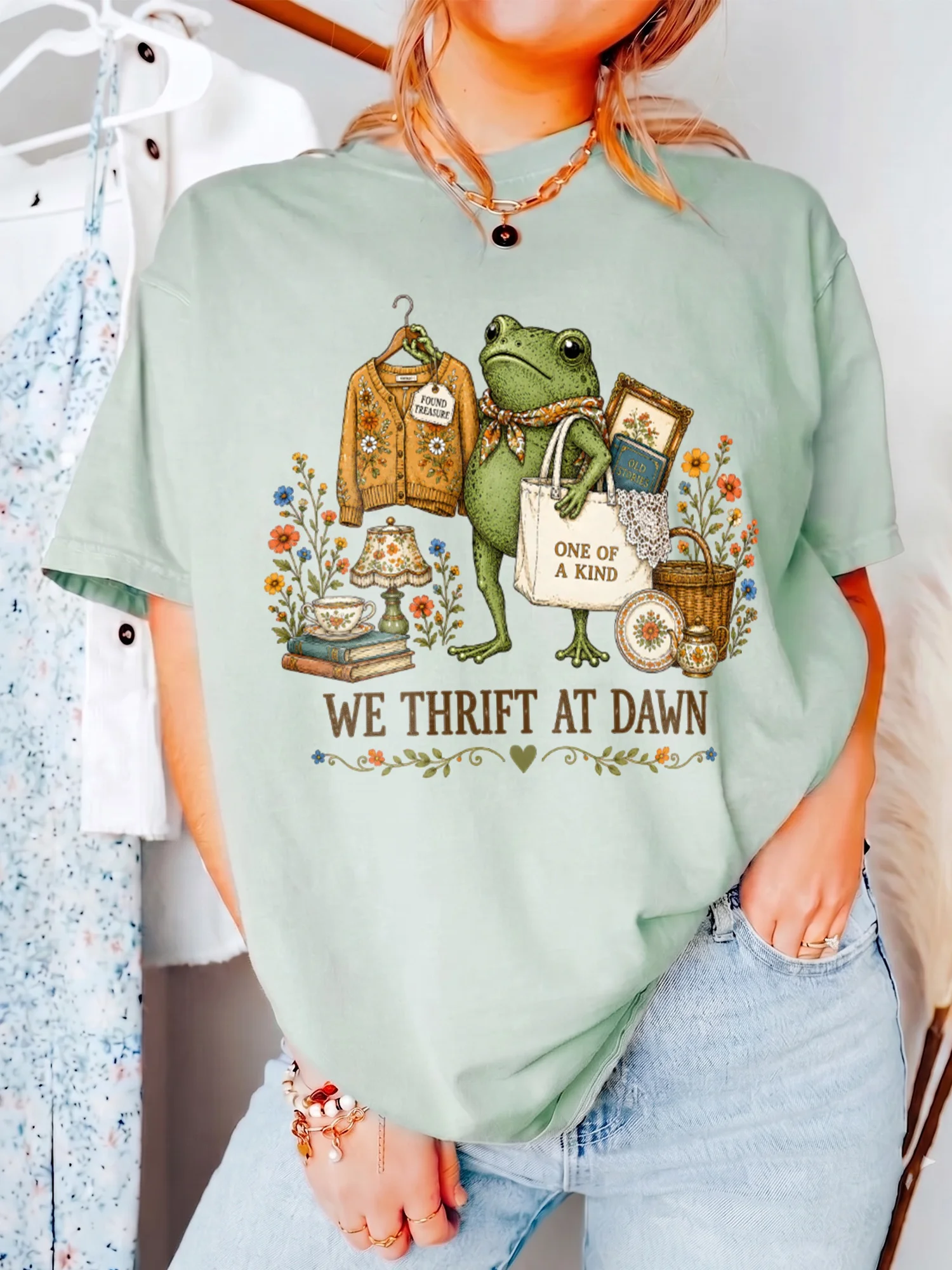 We Thrift At Dawn Graphic Tee Vintage Thriftcore Frog Shirt Found Treasure Aesthetic T-Shirt