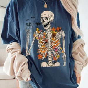 Autumn Skeleton Graphic Tee Spooky Fall T-Shirt With Sunflowers And Bats Boho Halloween Apparel