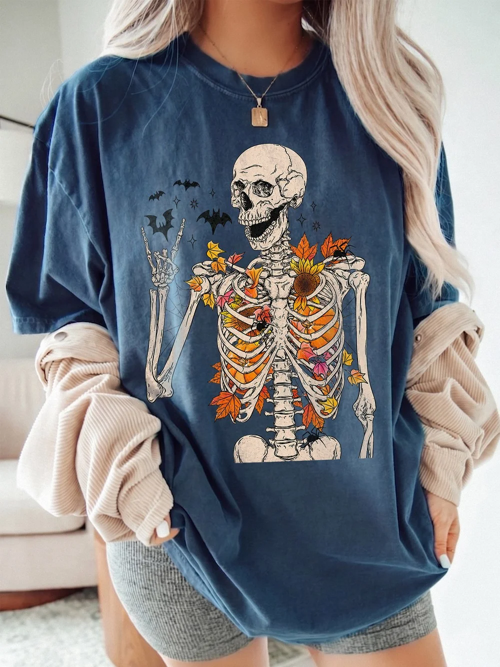 Autumn Skeleton Graphic Tee Spooky Fall T-Shirt With Sunflowers And Bats Boho Halloween Apparel