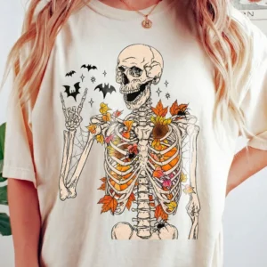 Autumn Skeleton Graphic Tee Spooky Fall T-Shirt With Sunflowers And Bats Boho Halloween Apparel