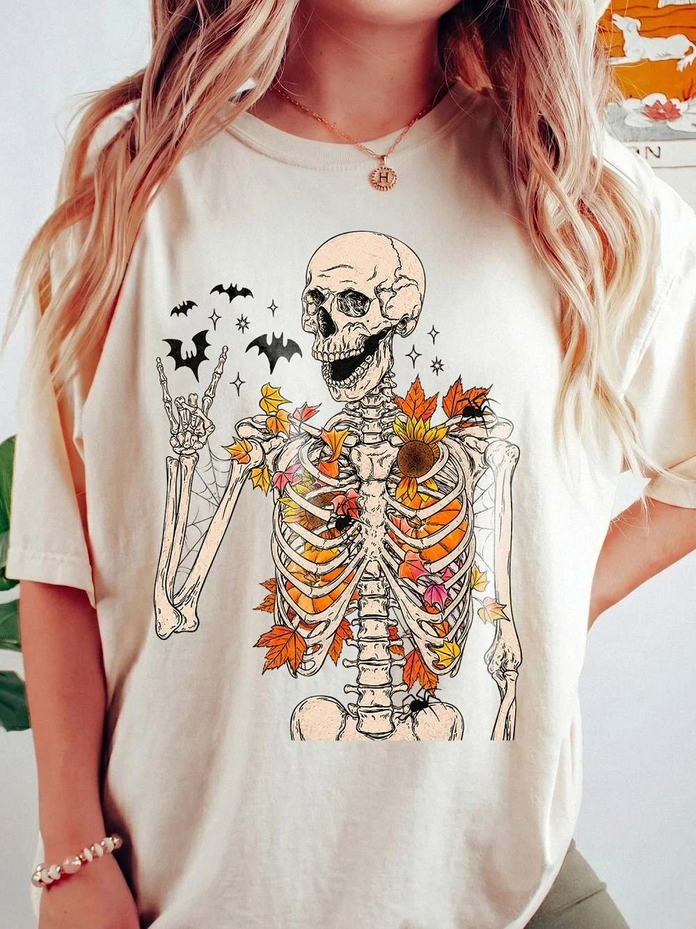 Autumn Skeleton Graphic Tee Spooky Fall T-Shirt With Sunflowers And Bats Boho Halloween Apparel
