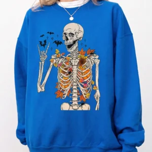 Autumn Skeleton Graphic Tee Spooky Fall T-Shirt With Sunflowers And Bats Boho Halloween Apparel