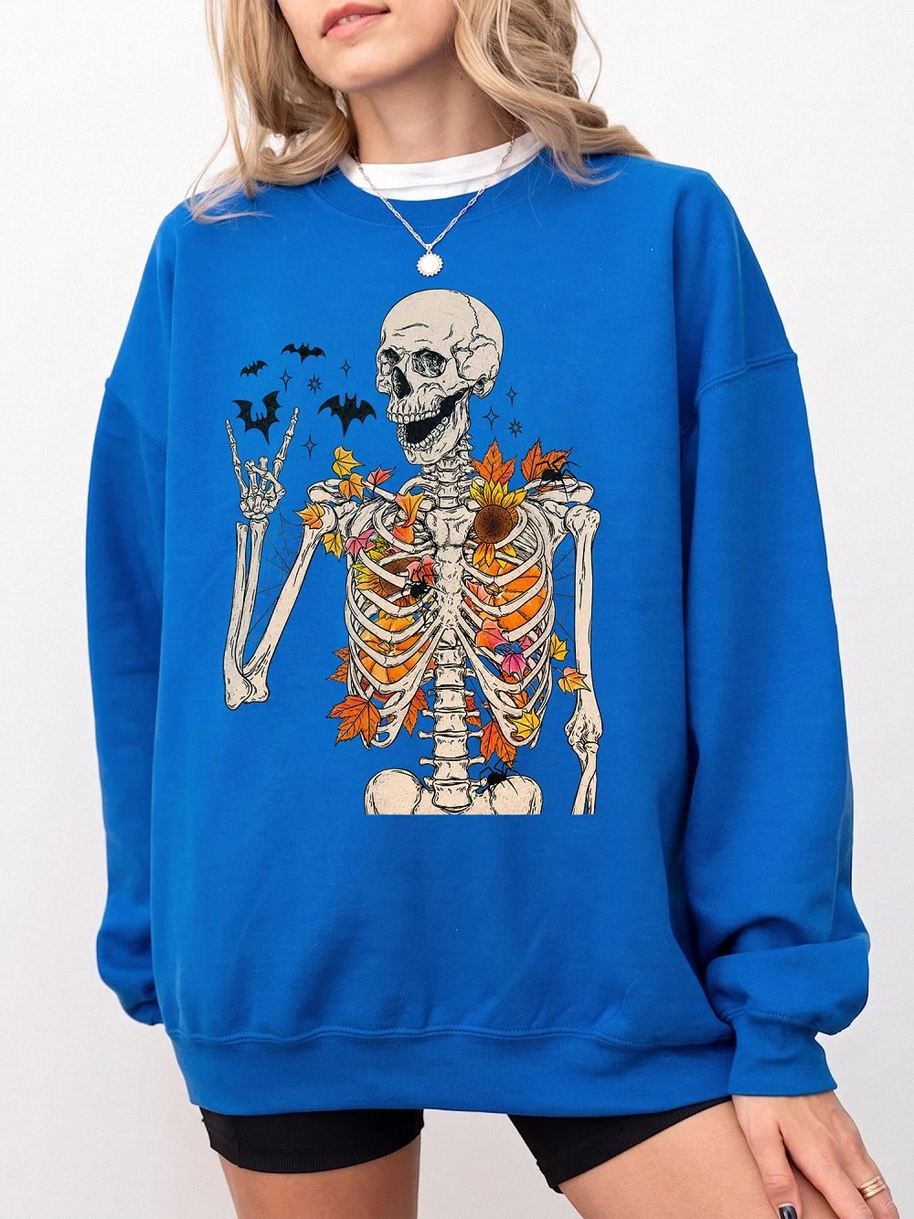 Autumn Skeleton Graphic Tee Spooky Fall T-Shirt With Sunflowers And Bats Boho Halloween Apparel