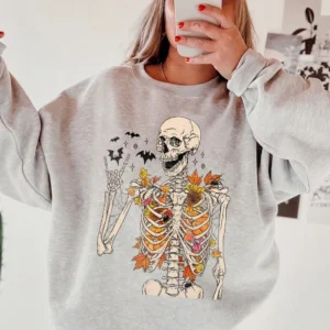 Autumn Skeleton Graphic Tee Spooky Fall T-Shirt With Sunflowers And Bats Boho Halloween Apparel