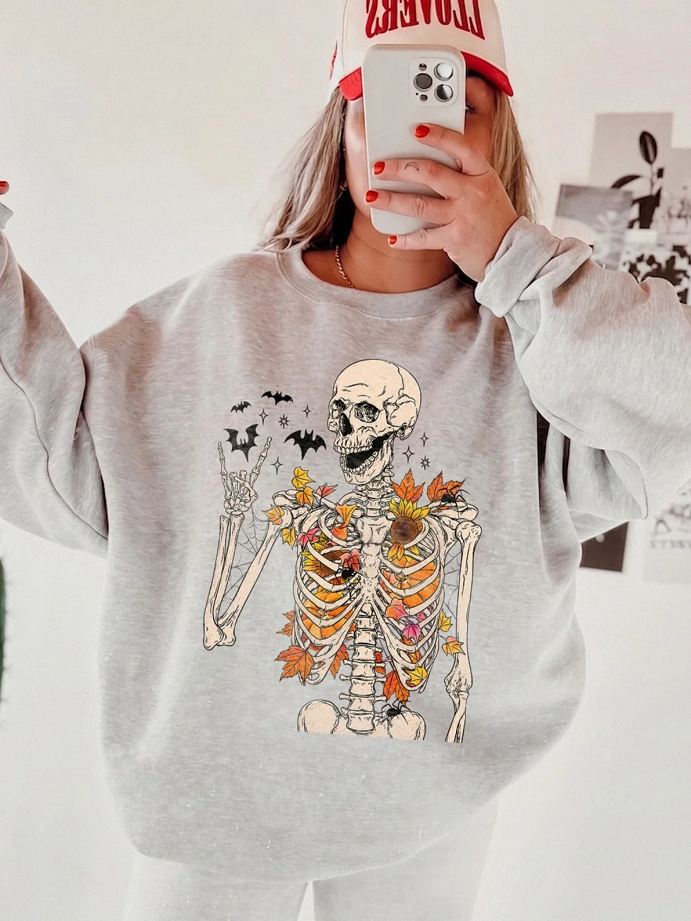 Autumn Skeleton Graphic Tee Spooky Fall T-Shirt With Sunflowers And Bats Boho Halloween Apparel
