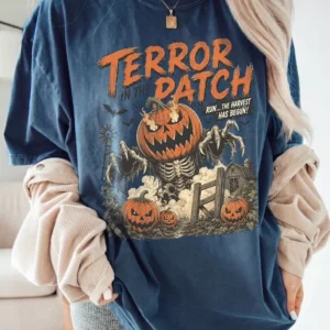 Vintage Horror Graphic Tee Terror In The Patch Spooky Halloween Harvest Shirt