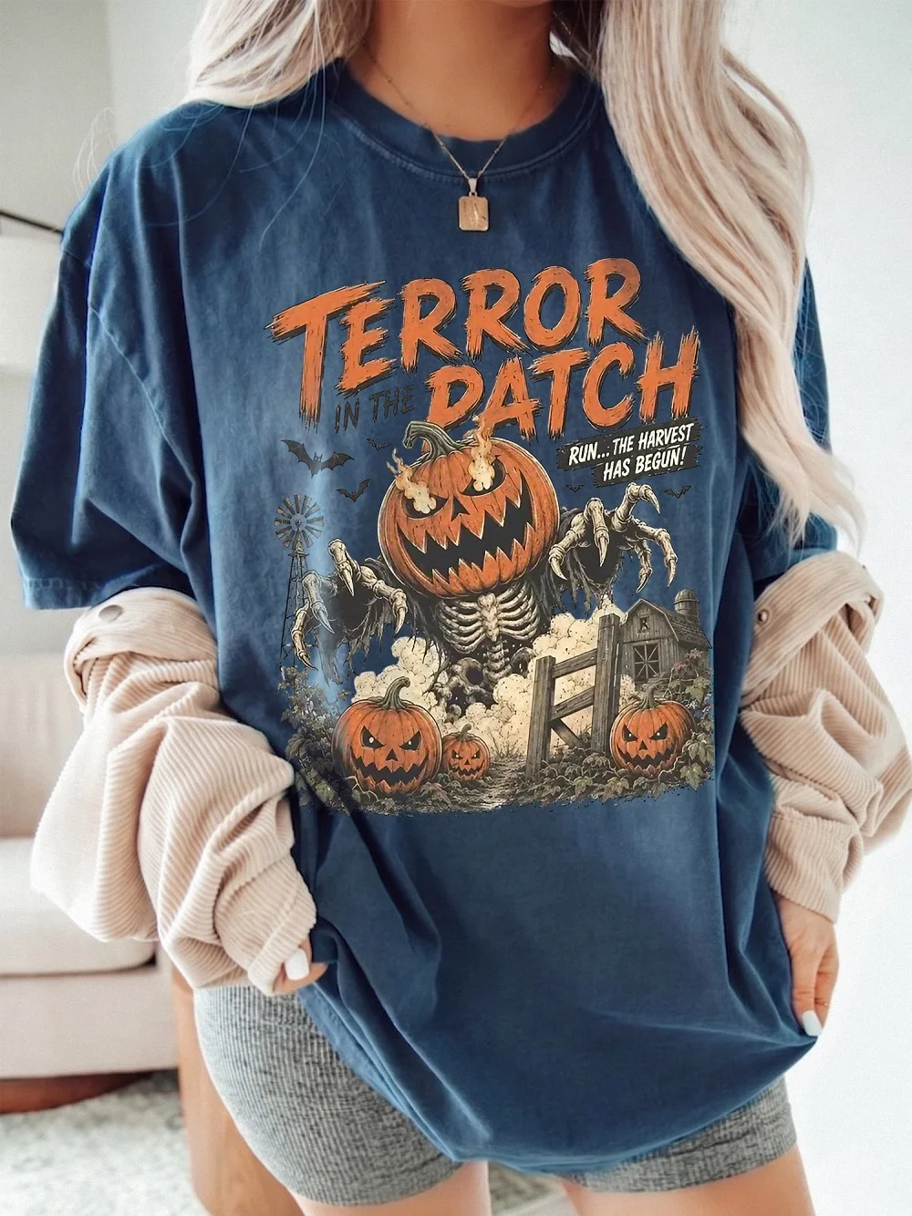Vintage Horror Graphic Tee Terror In The Patch Spooky Halloween Harvest Shirt