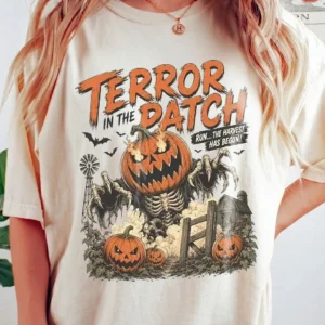 Vintage Horror Graphic Tee Terror In The Patch Spooky Halloween Harvest Shirt