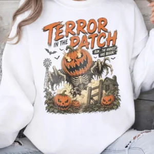 Vintage Horror Graphic Tee Terror In The Patch Spooky Halloween Harvest Shirt
