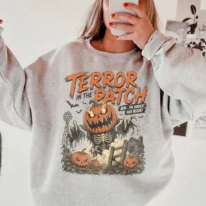 Vintage Horror Graphic Tee Terror In The Patch Spooky Halloween Harvest Shirt