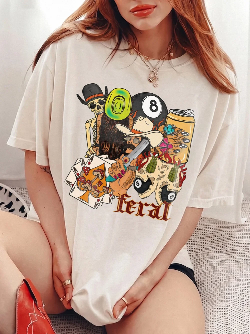 Feral T-Shirt Women's Edgy Western Graphic Tee Psychedelic Cowboy Skull Summer Festival Shirt