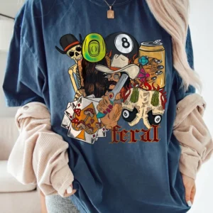 Feral T-Shirt Women's Edgy Western Graphic Tee Psychedelic Cowboy Skull Summer Festival Shirt
