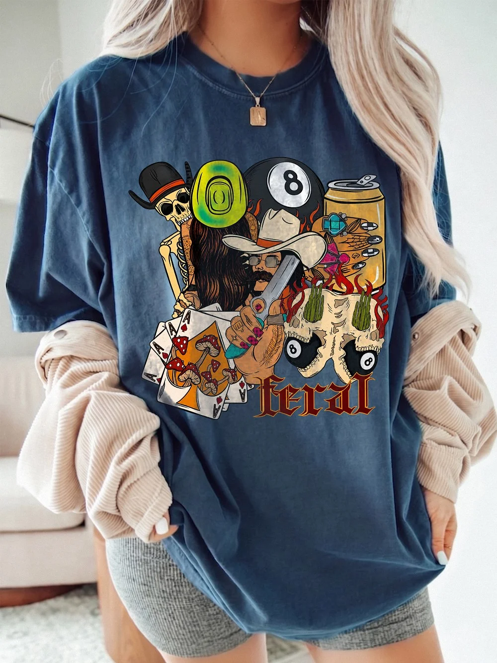 Feral T-Shirt Women's Edgy Western Graphic Tee Psychedelic Cowboy Skull Summer Festival Shirt