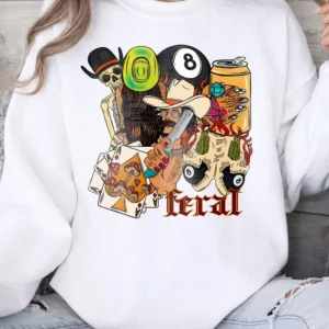 Feral T-Shirt Women's Edgy Western Graphic Tee Psychedelic Cowboy Skull Summer Festival Shirt