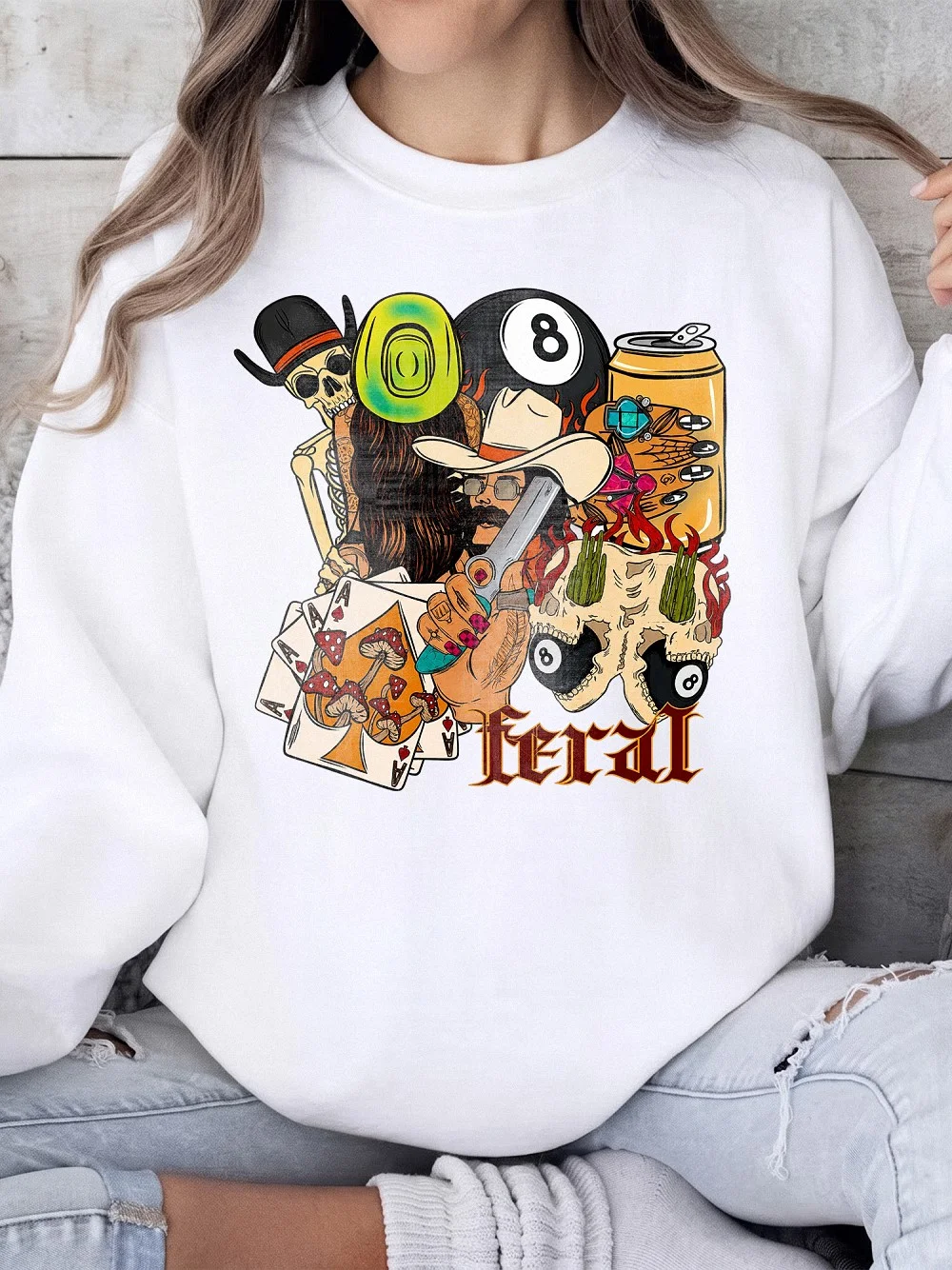 Feral T-Shirt Women's Edgy Western Graphic Tee Psychedelic Cowboy Skull Summer Festival Shirt