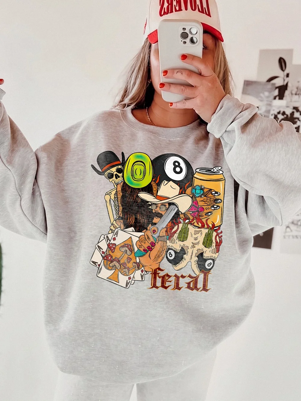 Feral T-Shirt Women's Edgy Western Graphic Tee Psychedelic Cowboy Skull Summer Festival Shirt