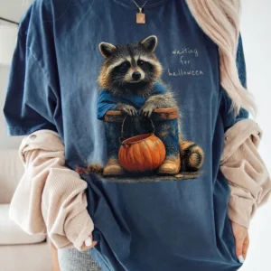 Waiting For Halloween T-Shirt Cute Raccoon Pumpkin Graphic Tee Spooky Season Shirt For Women