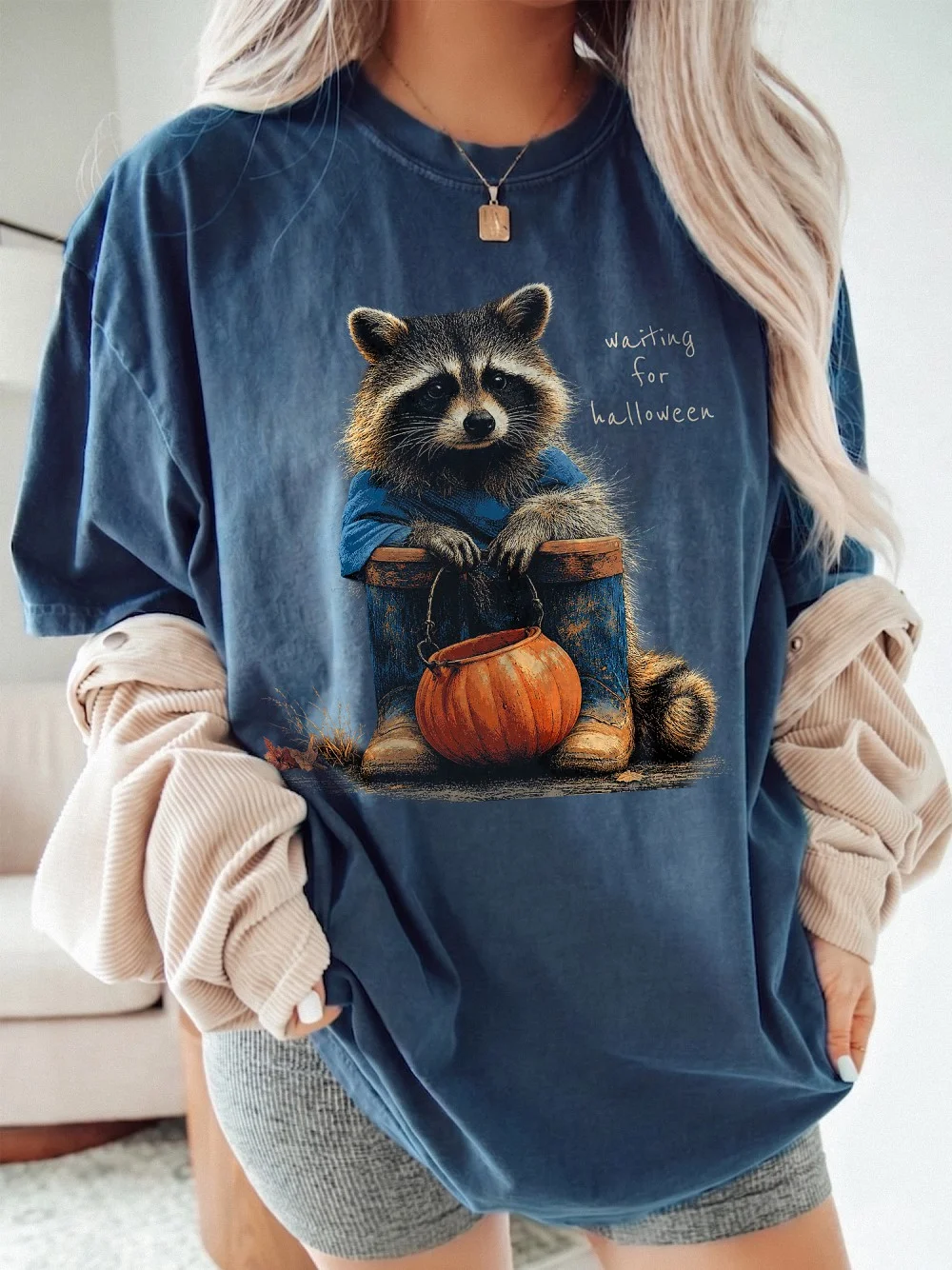 Waiting For Halloween T-Shirt Cute Raccoon Pumpkin Graphic Tee Spooky Season Shirt For Women