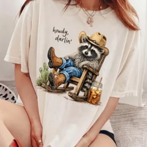 Howdy Darlin Western Graphic Tee Cowboy Raccoon Vintage Country Concert Shirt Cowgirl Top