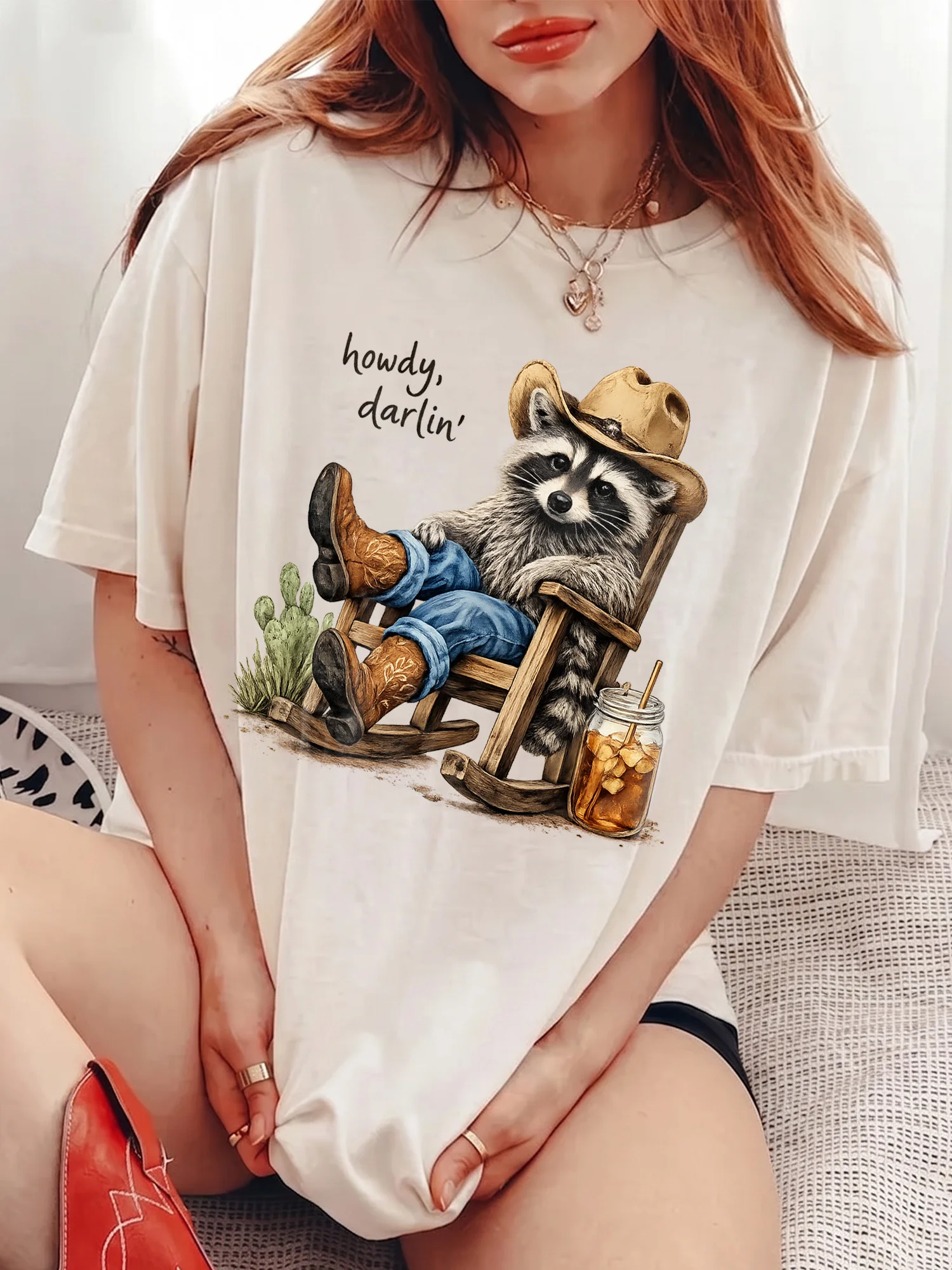 Howdy Darlin Western Graphic Tee Cowboy Raccoon Vintage Country Concert Shirt Cowgirl Top