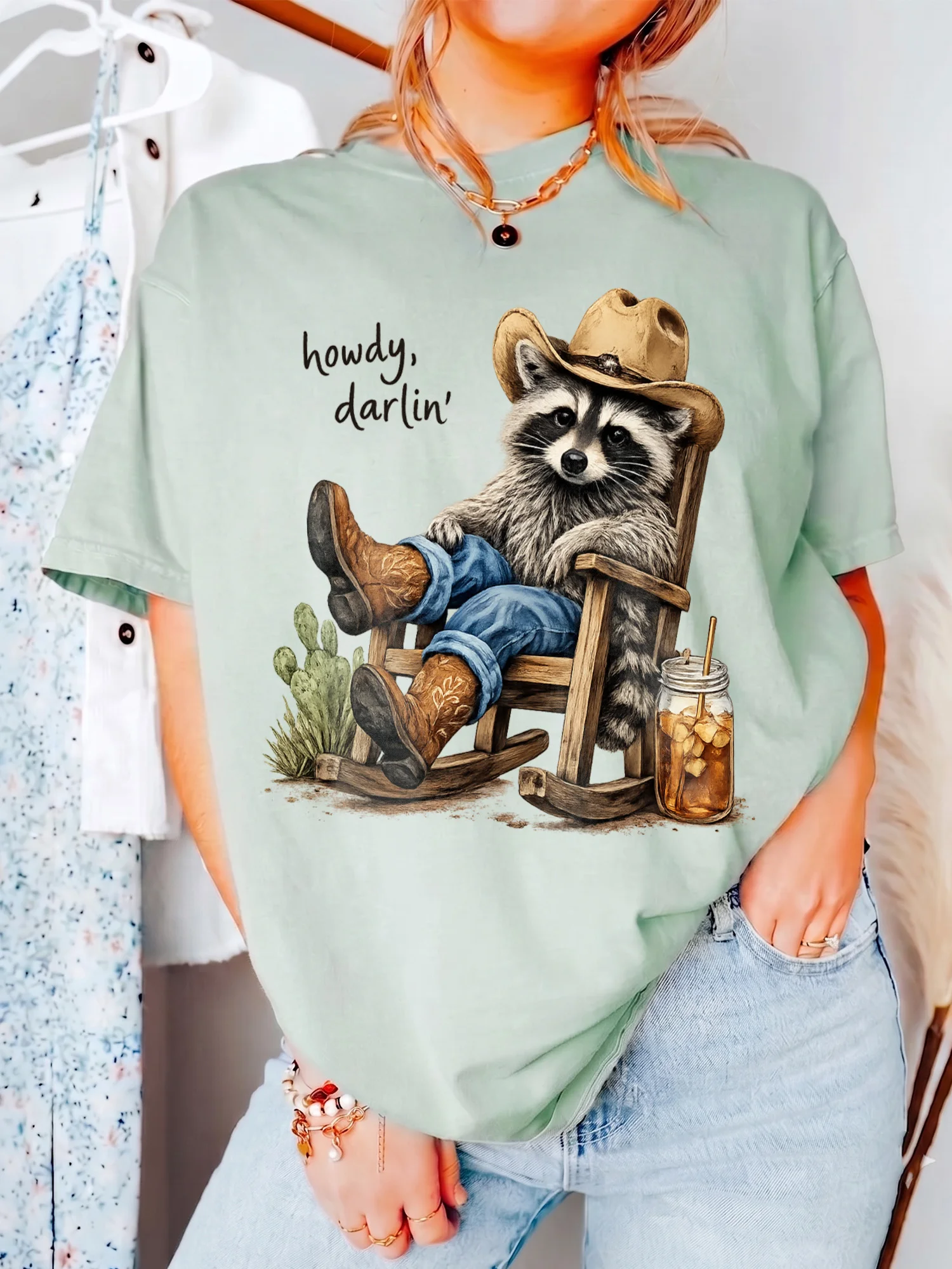 Howdy Darlin Western Graphic Tee Cowboy Raccoon Vintage Country Concert Shirt Cowgirl Top