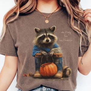 Waiting For Halloween T-Shirt Cute Raccoon Pumpkin Graphic Tee Spooky Season Shirt For Women