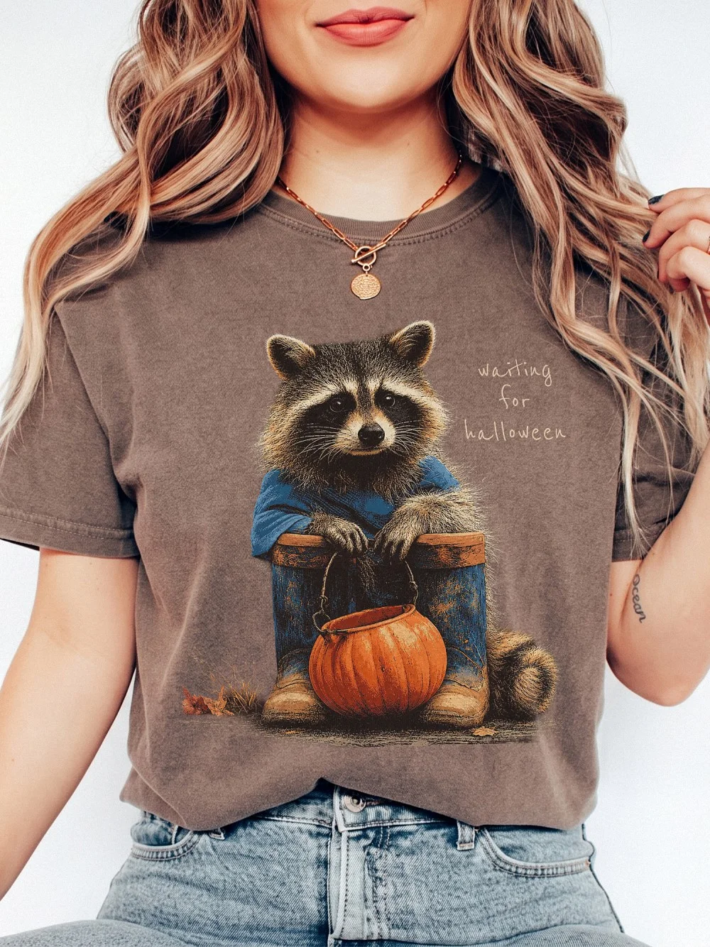 Waiting For Halloween T-Shirt Cute Raccoon Pumpkin Graphic Tee Spooky Season Shirt For Women