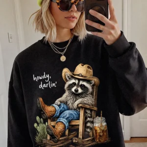 Howdy Darlin Western Graphic Tee Cowboy Raccoon Vintage Country Concert Shirt Cowgirl Top