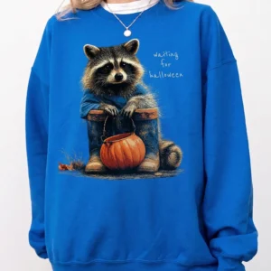 Waiting For Halloween T-Shirt Cute Raccoon Pumpkin Graphic Tee Spooky Season Shirt For Women