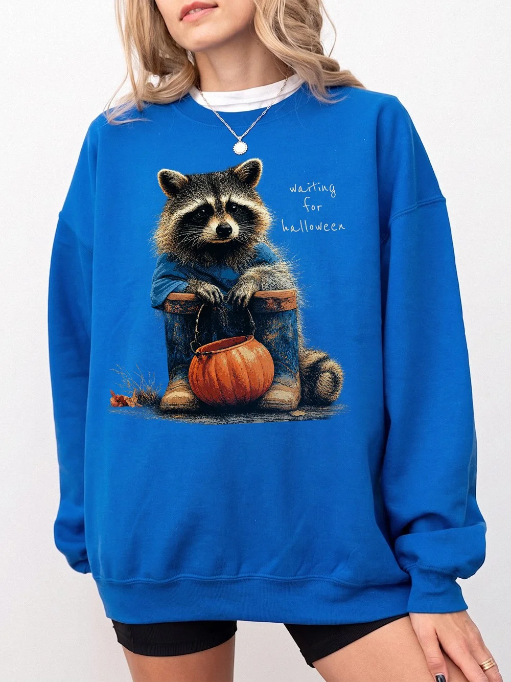Waiting For Halloween T-Shirt Cute Raccoon Pumpkin Graphic Tee Spooky Season Shirt For Women