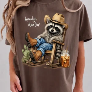 Howdy Darlin Western Graphic Tee Cowboy Raccoon Vintage Country Concert Shirt Cowgirl Top
