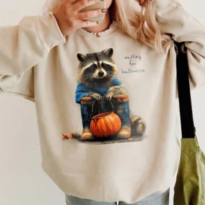 Waiting For Halloween T-Shirt Cute Raccoon Pumpkin Graphic Tee Spooky Season Shirt For Women