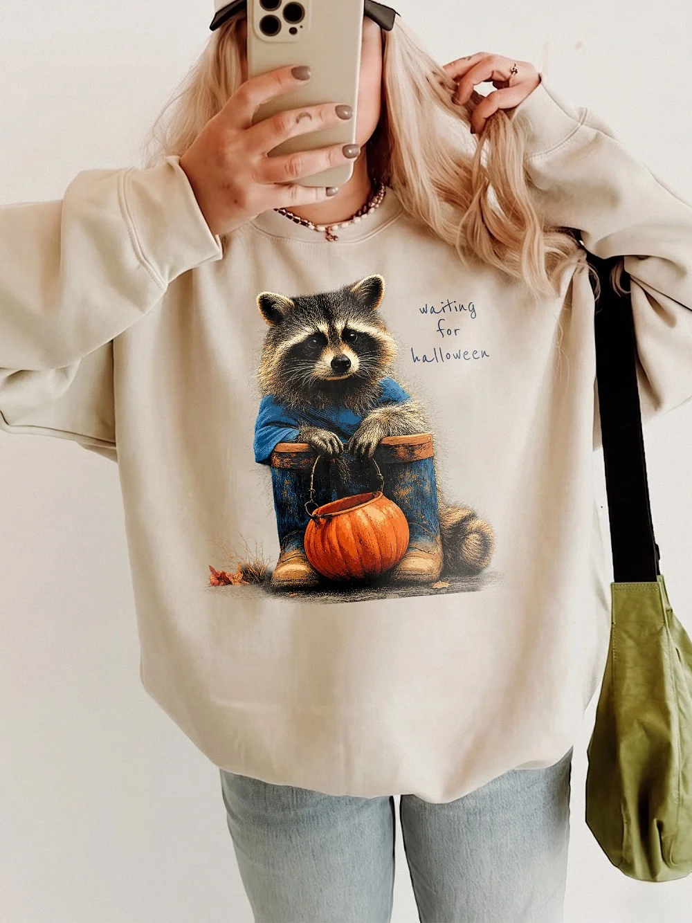 Waiting For Halloween T-Shirt Cute Raccoon Pumpkin Graphic Tee Spooky Season Shirt For Women