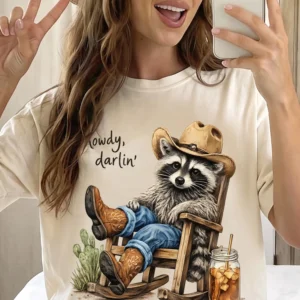 Howdy Darlin Western Graphic Tee Cowboy Raccoon Vintage Country Concert Shirt Cowgirl Top