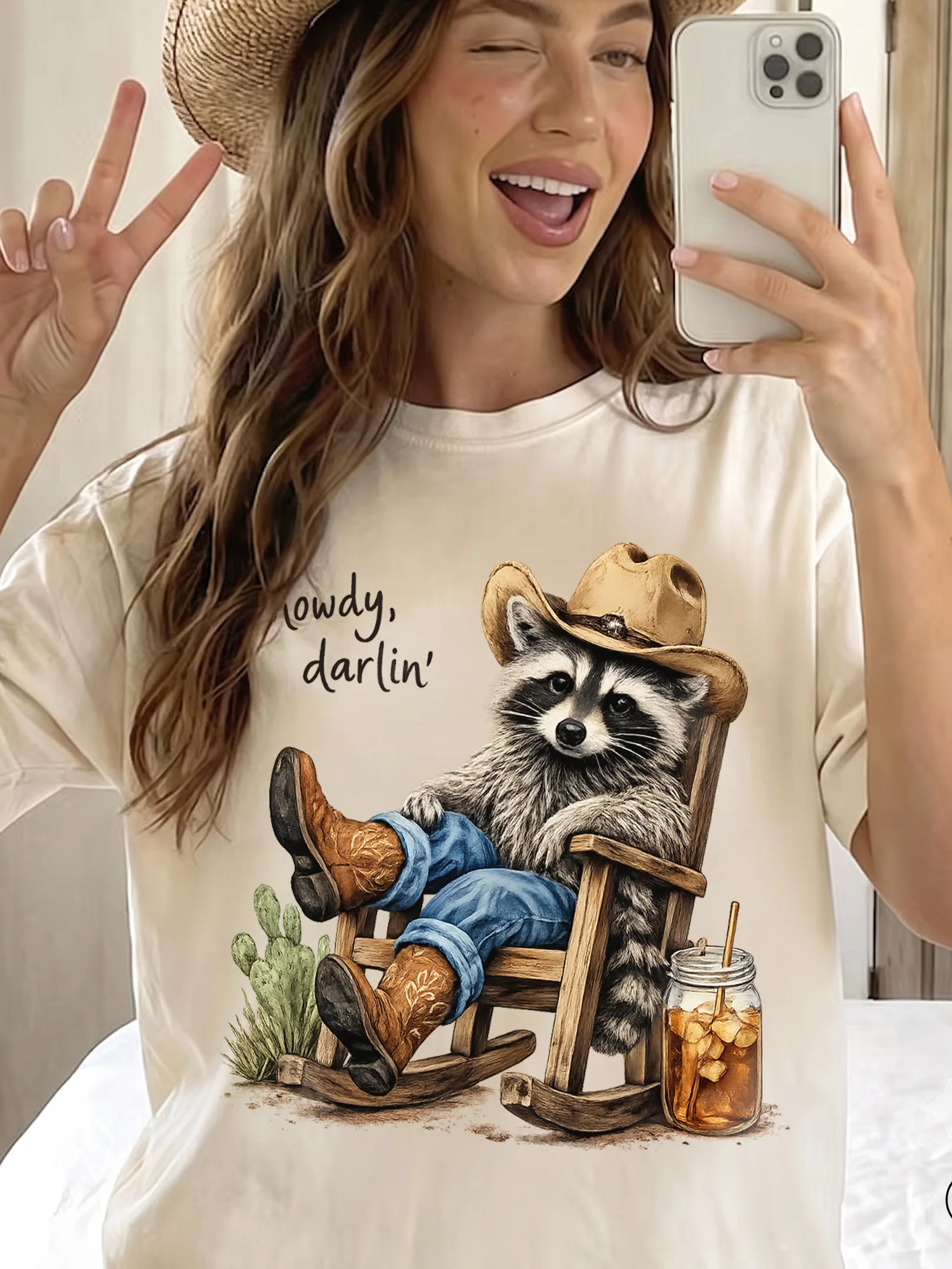 Howdy Darlin Western Graphic Tee Cowboy Raccoon Vintage Country Concert Shirt Cowgirl Top