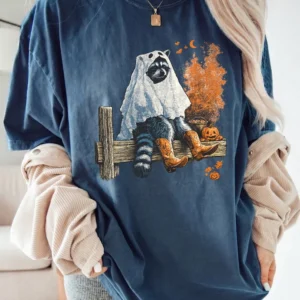 Ghost Raccoon Halloween Graphic T-Shirt Cute Spooky Season Animal Graphic Tee For Women