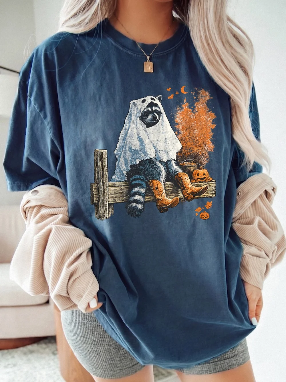 Ghost Raccoon Halloween Graphic T-Shirt Cute Spooky Season Animal Graphic Tee For Women