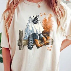Ghost Raccoon Halloween Graphic T-Shirt Cute Spooky Season Animal Graphic Tee For Women