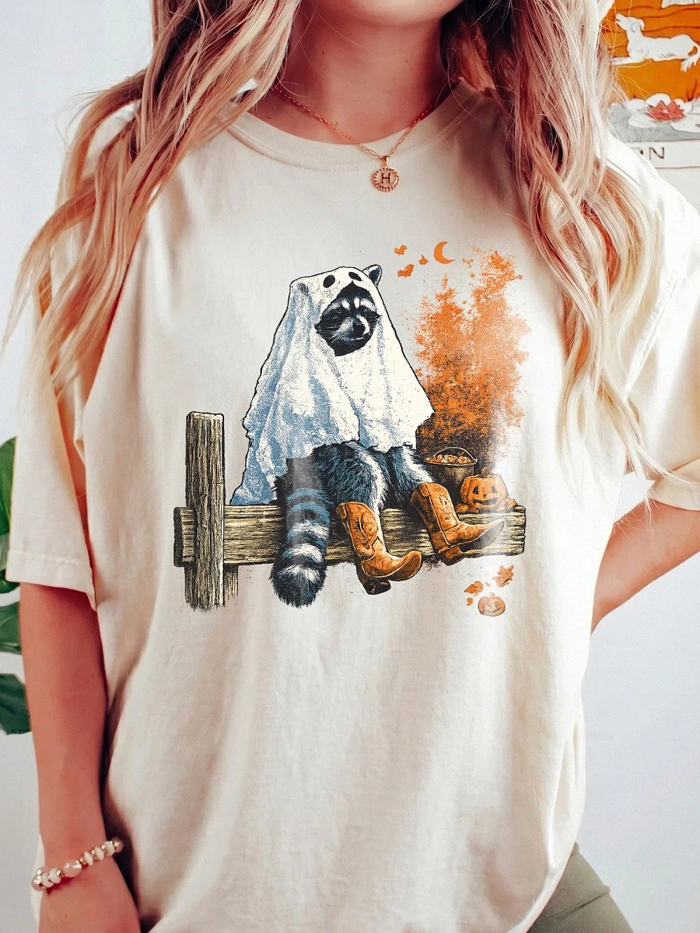 Ghost Raccoon Halloween Graphic T-Shirt Cute Spooky Season Animal Graphic Tee For Women