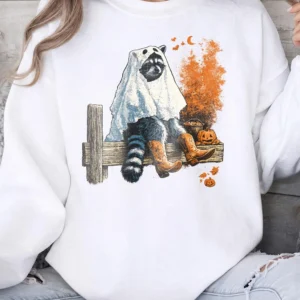 Ghost Raccoon Halloween Graphic T-Shirt Cute Spooky Season Animal Graphic Tee For Women