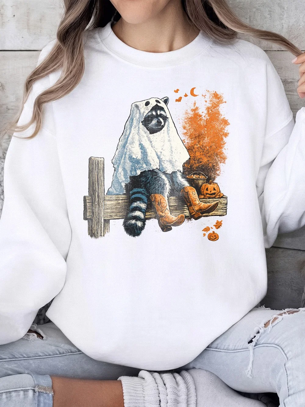 Ghost Raccoon Halloween Graphic T-Shirt Cute Spooky Season Animal Graphic Tee For Women